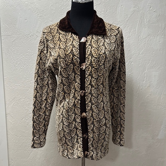 Vintage 90s Dia wool leaf print chunky cardigan sweater size Large - Picture 1 of 16